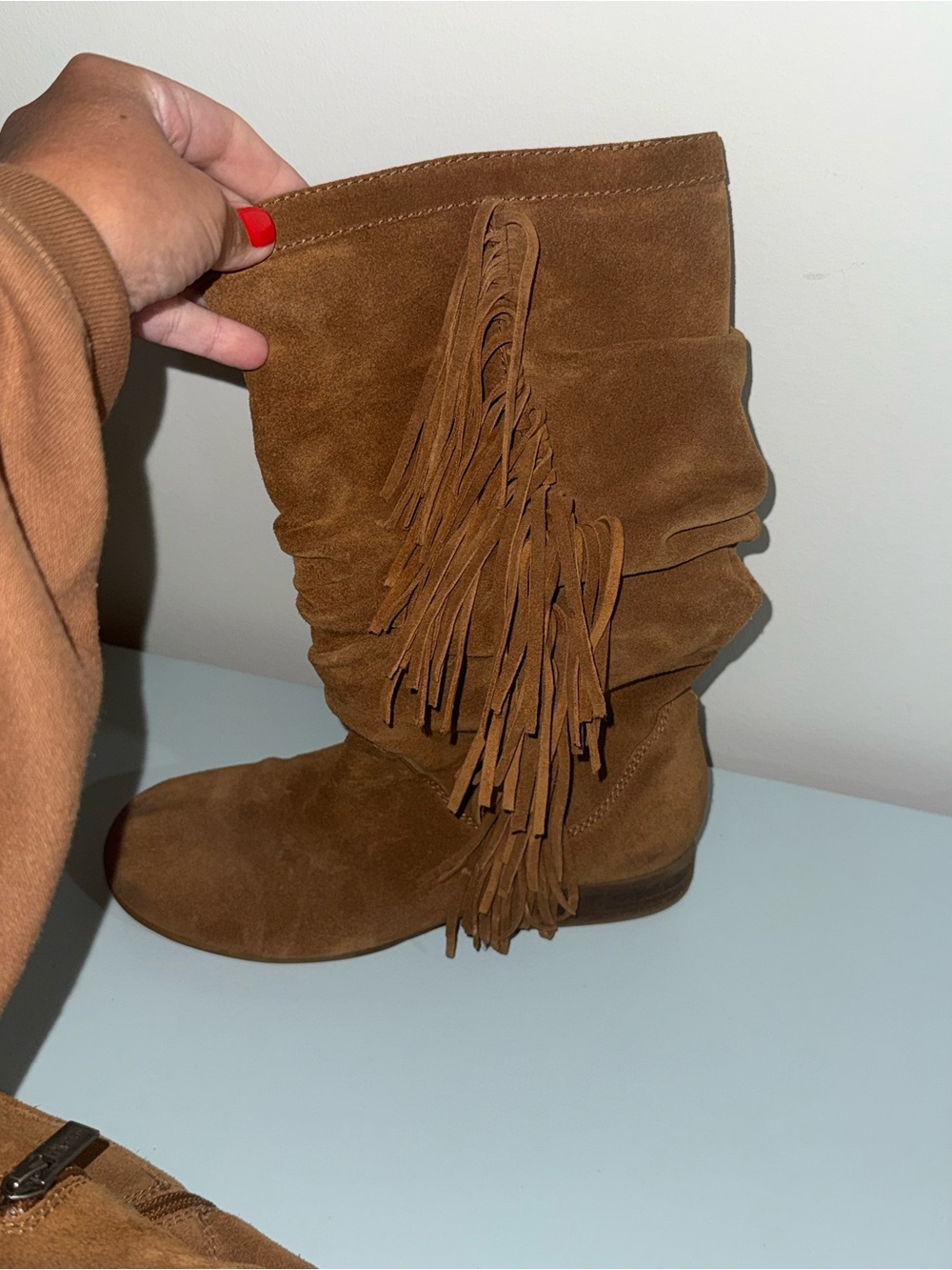 Kenneth Cole Reaction Brown Suede Fringe Mid-Calf Boots